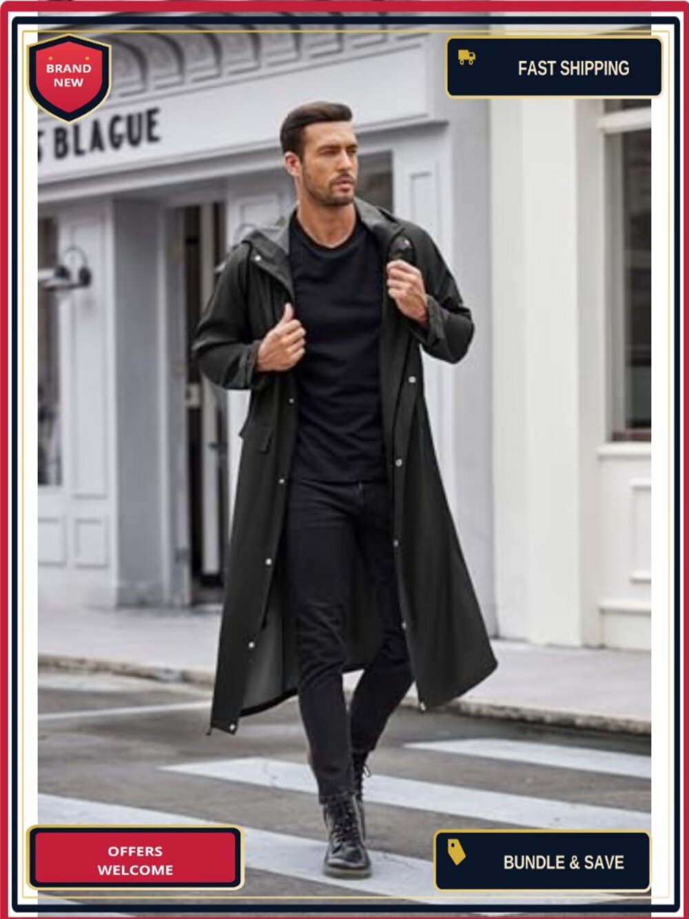 Men's Long Waterproof Raincoat Hooded Trench Jacket Nylon Polyester Windbreaker - Picture 3 of 6